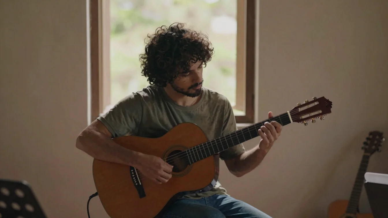 Mãos de instrumentista sobre um violão em ensaio, luz natural ent