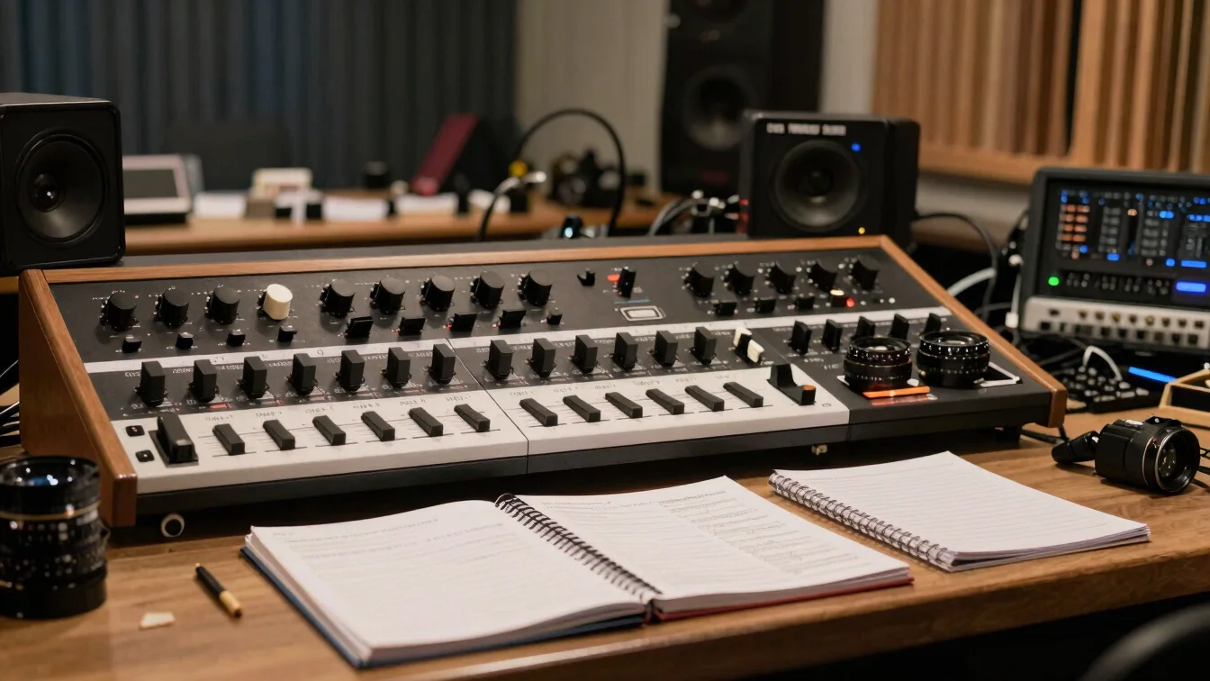 Produtor musical em estúdio pequeno, painel de mesa com luz quent