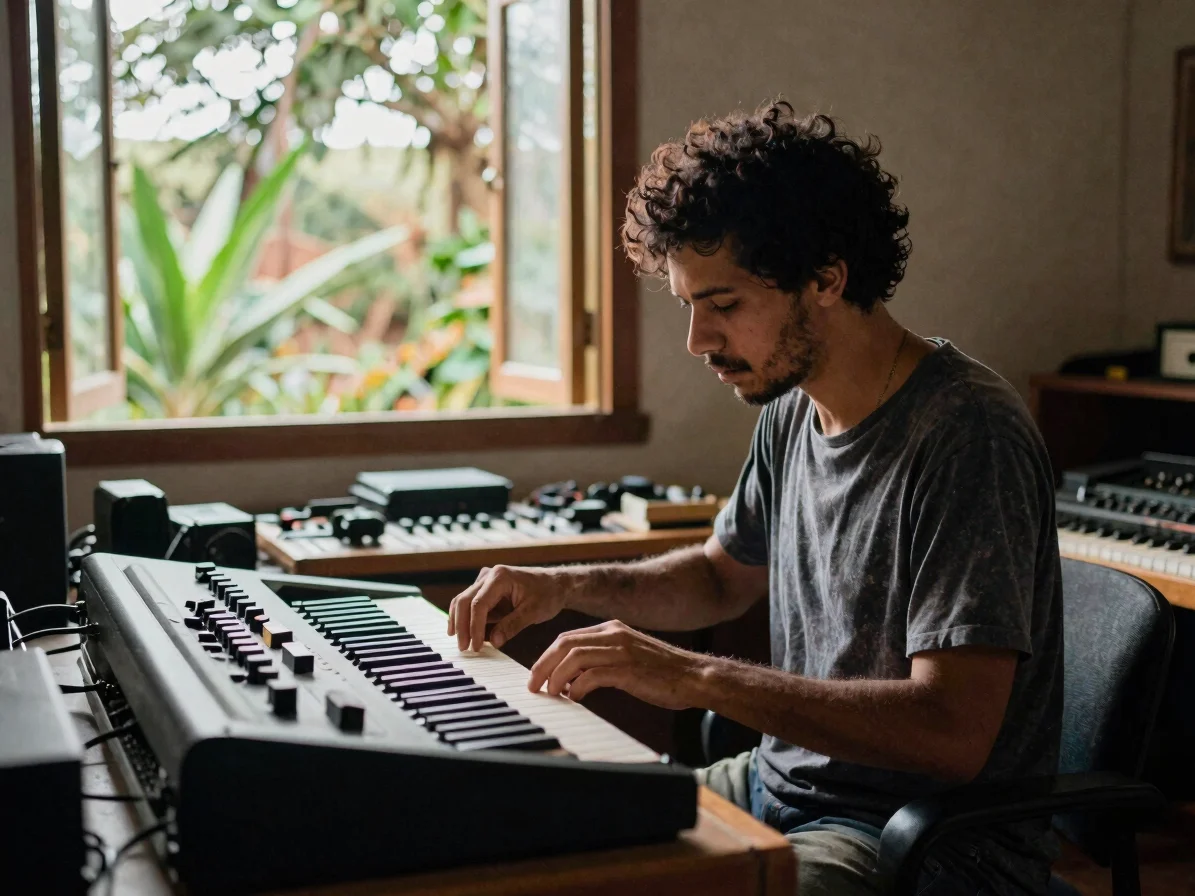 Músico ajustando um equipamento em um quarto de ensaio, luz natur