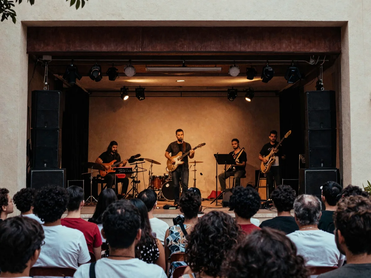 Plateia de um pequeno palco em casa de show, iluminação real do p