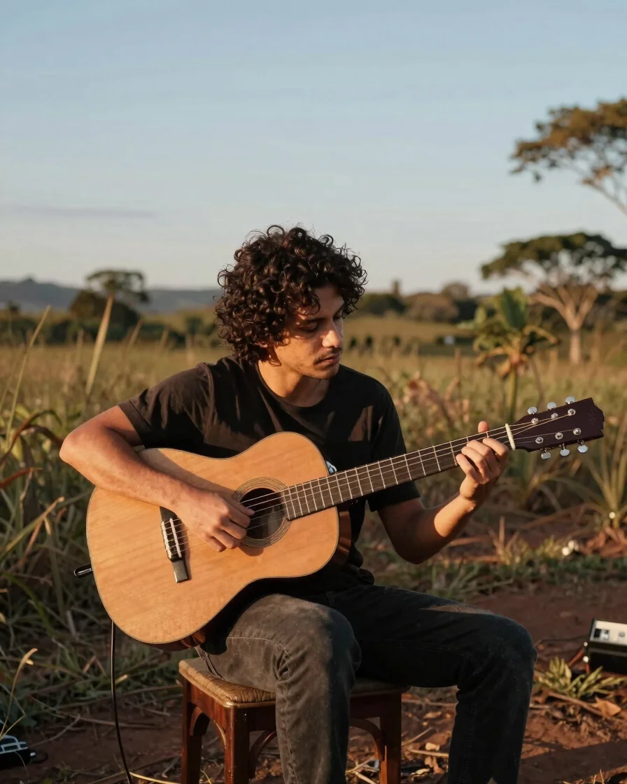 Músico em ensaio ao entardecer em Goiás, mãos sobre um violão com luz natural quente, vegetação do Cerrado ao fundo, fot